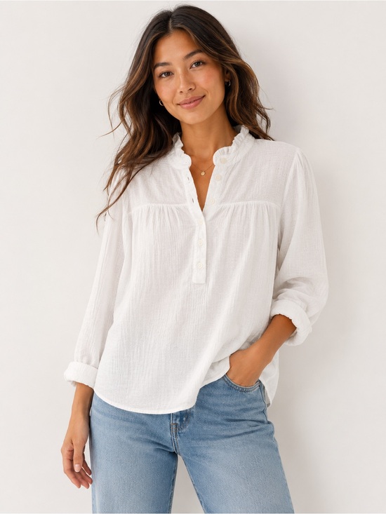 J. Crew Tops - J. Crew 100% cotton White Ruffled Henley Button-Front Top S